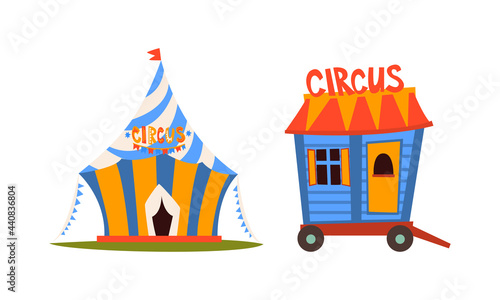 Circus Striped Tent and Wheeled Wagon Vector Set