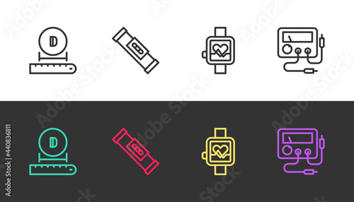 Set line Diameter, Construction bubble level, Smart watch and Multimeter, voltmeter on black and white. Vector