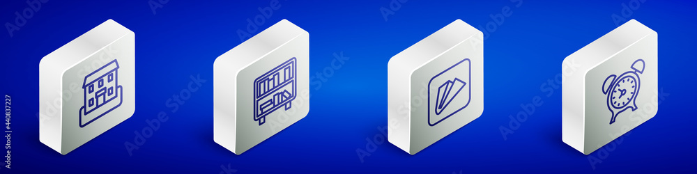 Set Isometric line School building, Shelf with books, Paper airplane and Alarm clock icon. Vector Set Isometric line School building, Shelf with books, Paper airplane and Alarm clock icon. Vector
