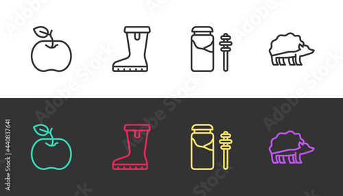 Set line Apple, Waterproof rubber boot, Jar honey and dipper stick and Hedgehog on black and white. Vector