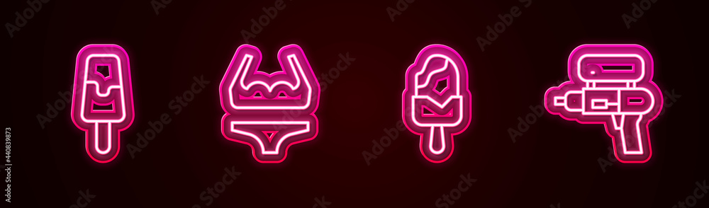 Set line Ice cream, Swimsuit, and Water gun. Glowing neon icon. Vector Set line Ice cream, Swimsuit, and Water gun. Glowing neon icon. Vector