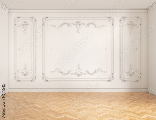 3D render of a classic interior  decorated in warm color with parquet. 3d illustration