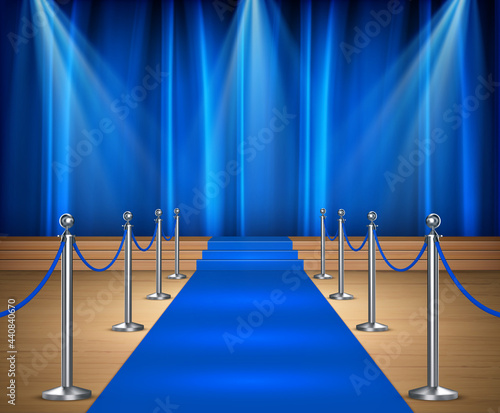 Awards show background with blue curtains and blue carpet between rope barriers