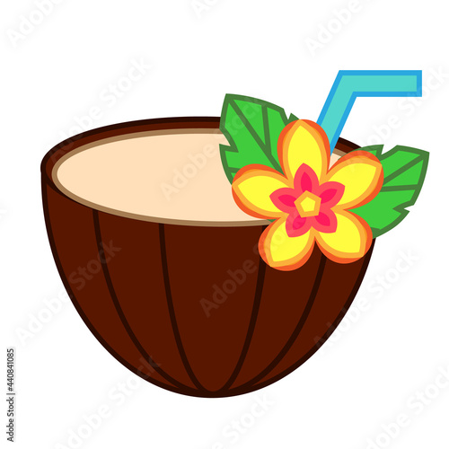 Coconut Cocktail with tropic flower and drinking straw. vector