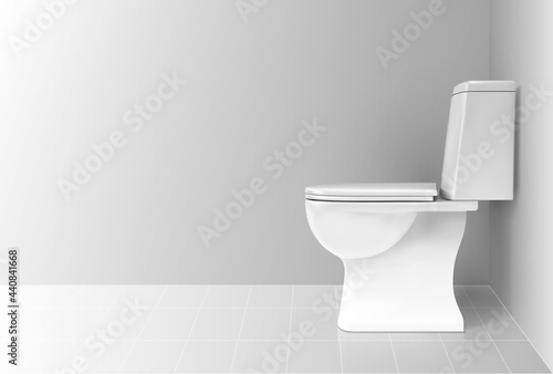 White toilet bowl in bathroom. Ceramic toilet side view.