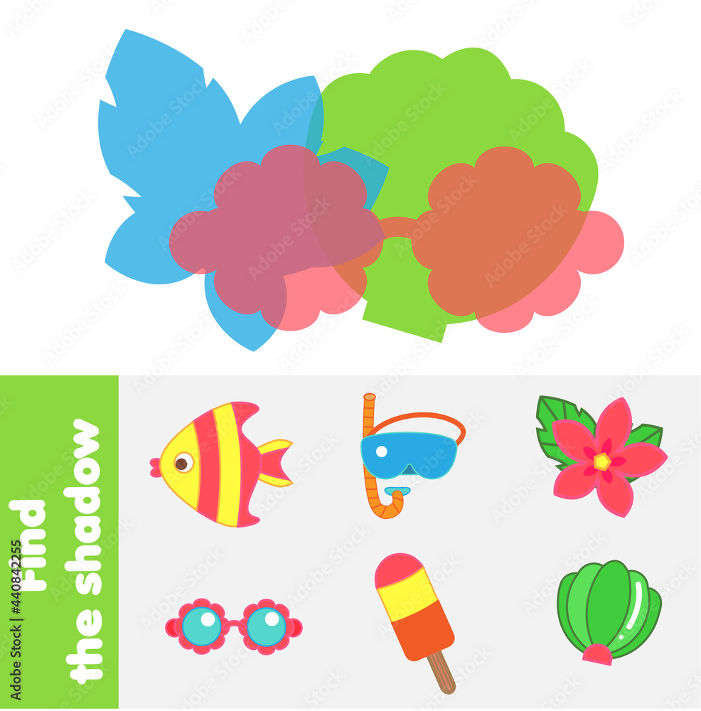 Shadow matching game. Kids activity with summer beach objects. silhouette fun page for toddlers Shadow matching game. Kids activity with summer beach objects. silhouette fun page for toddlers