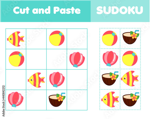 Sudoku game for children. Kids activity sheet with summer beach objects