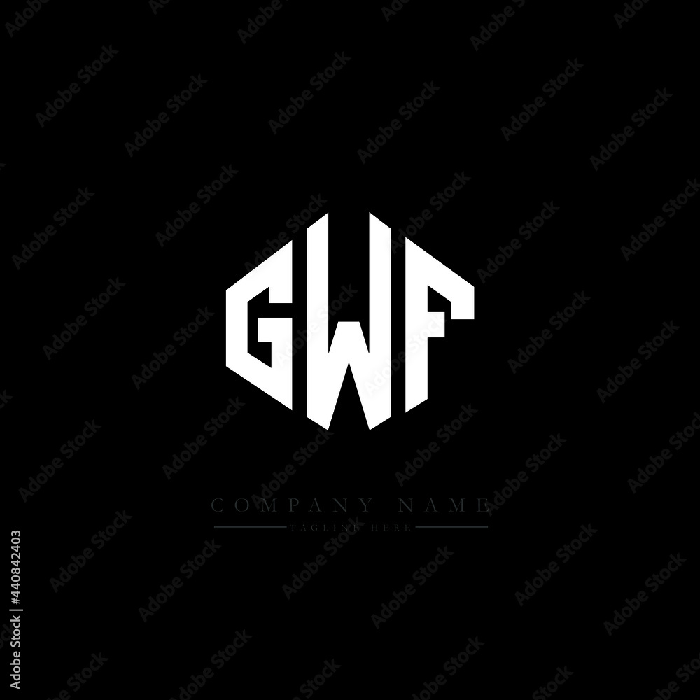 Obraz premium GWF letter logo design with polygon shape. GWF polygon logo monogram. GWF cube logo design. GWF hexagon vector logo template white and black colors. GWF monogram, GWF business and real estate logo. 