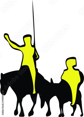 Don Quixote riding horse and donkey silhouette 