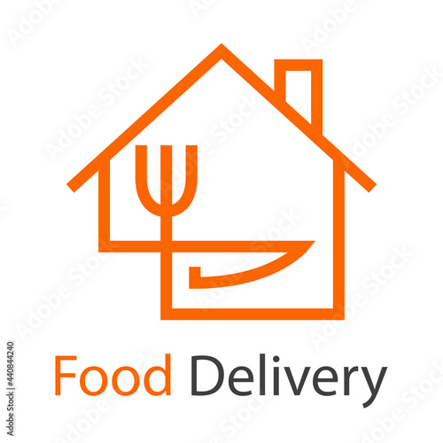 Logo con texto Food Delivery con tenedor y cuchillo en aspa con forma de casa con lineas en color naranja