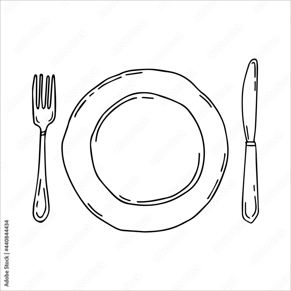 Plate with fork and knife. Cultery. Table settings. Simple food icon in hand drawn style isolated on white background. Plate with fork and knife. Cultery. Table settings. Simple food icon in hand drawn style isolated on white background.