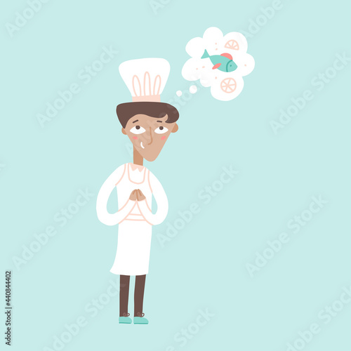 Young male chef dreaming about cooking a fish vector flat illustration. Happy kitchener in white uniform enjoying his ocupation isolated on blue. Funny cartoon cook staff