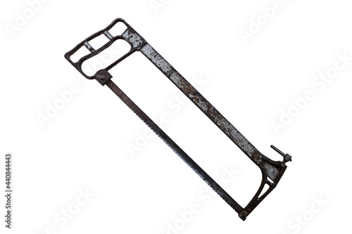 Old hacksaw for metal isolated on a white background. Work concept.