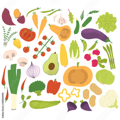 Vegetables set. Cute doodle textured veggies: tomato, beet, onion, pepper, corn, eggplant. Fresh organic hand drawn vegan food in modern style for farmers market poster or kitchen prints.