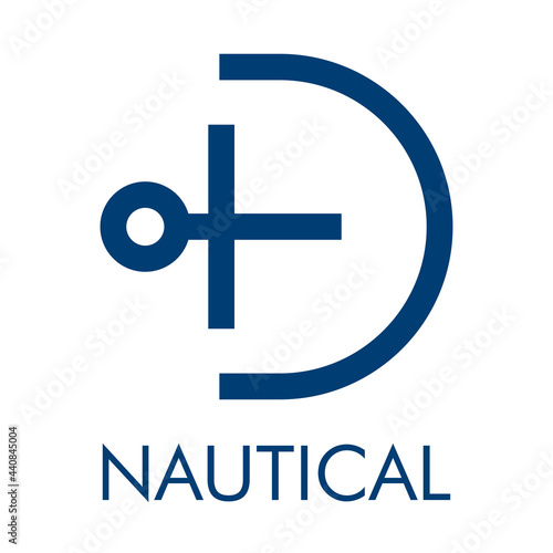 Logo con ancla de barco con forma de letra inicial D y texto Nautical en color azul