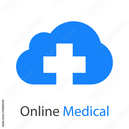 Logo con texto Online Medical con cruz en nube en color azul