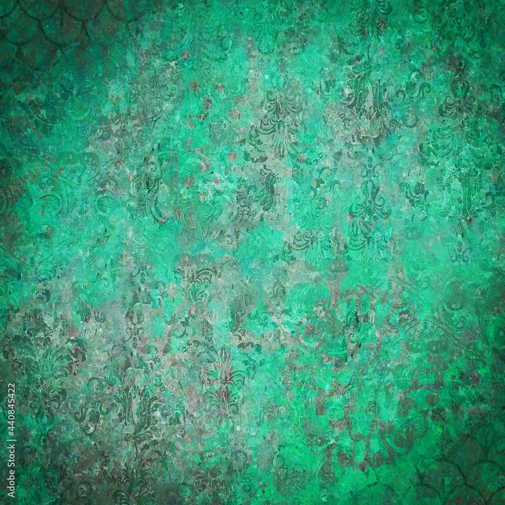 Old green turquoise vintage shabby patchwork damask ornate arabesque motif tiles stone concrete cement wall wallpaper texture background square