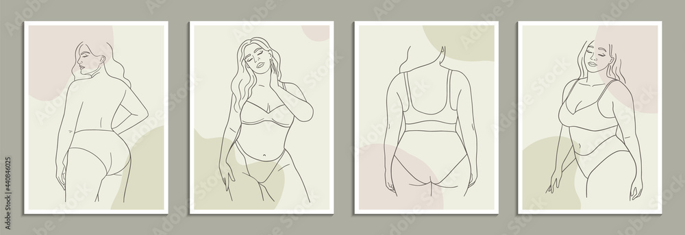 Set of posters template with minimalistic female figure. Linear female body and abstract shapes. Modern abstract line art style. Vector illustration. Set of posters template with minimalistic female figure. Linear female body and abstract shapes. Modern abstract line art style. Vector illustration.