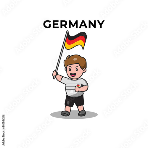 Cute Football Player Holding Germany Flag. Cartoon Vector Icon Illustration. Sport and People Icon Concept Isolated Premium Vector. Flat Cartoon Style