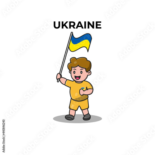 Cute Football Player Holding Ukraine Flag. Cartoon Vector Icon Illustration. Sport and People Icon Concept Isolated Premium Vector. Flat Cartoon Style