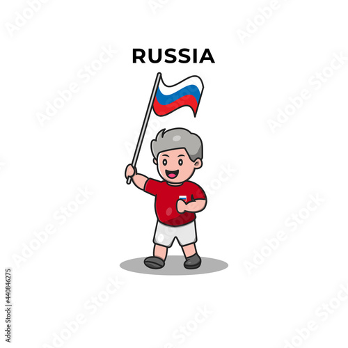 Cute Football Player Holding Russia Flag. Cartoon Vector Icon Illustration. Sport and People Icon Concept Isolated Premium Vector. Flat Cartoon Style