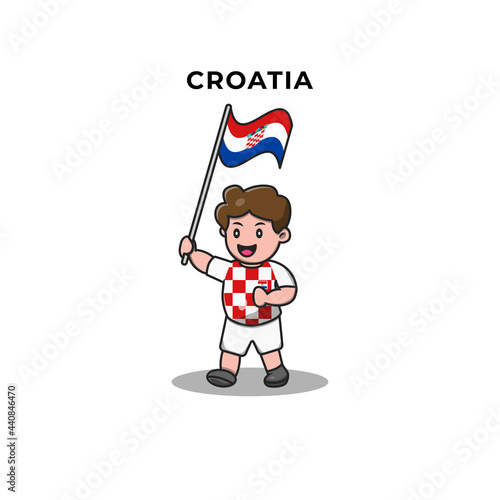 Cute Football Player Holding Croatia Flag. Cartoon Vector Icon Illustration. Sport and People Icon Concept Isolated Premium Vector. Flat Cartoon Style