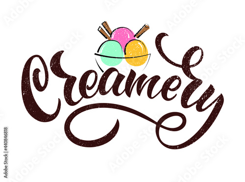 Ice cream shop logo template. Creamery handwritten text isolated on white background. Elegant modern brush calligraphy. Hand lettering for logo, emblem, poster, card, label, print. Vector illustration