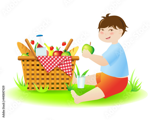 Vector illustration of healthy picnic in nature. Picnic for a child 