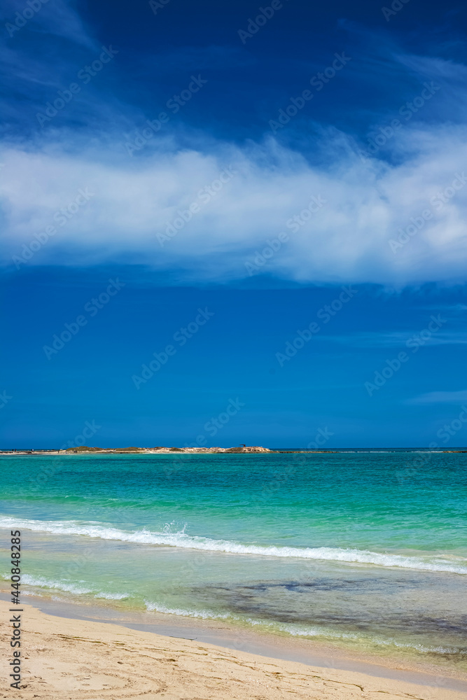 Wonderful view of the lagoon, seashore, white sand beach and blue sea. Djerba Island, Tunisia