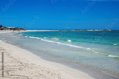 Fototapeta Naklejka Na Ścianę i Meble -  Wonderful view of the lagoon, seashore, white sand beach and blue sea. Djerba Island, Tunisia