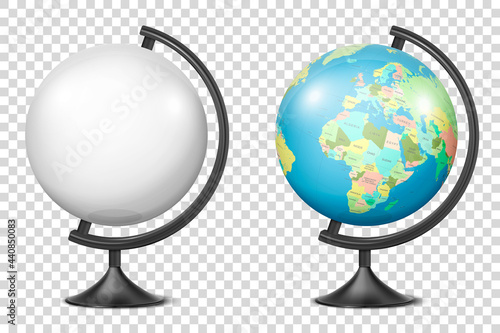Vector Realistic 3d Globe of Planet Earth with Map of World and Blank Globe Icon Closeup Isolated. Design Template, mockup of School Globe on Table, Model of Earth for Graphics, Clipart. Front view