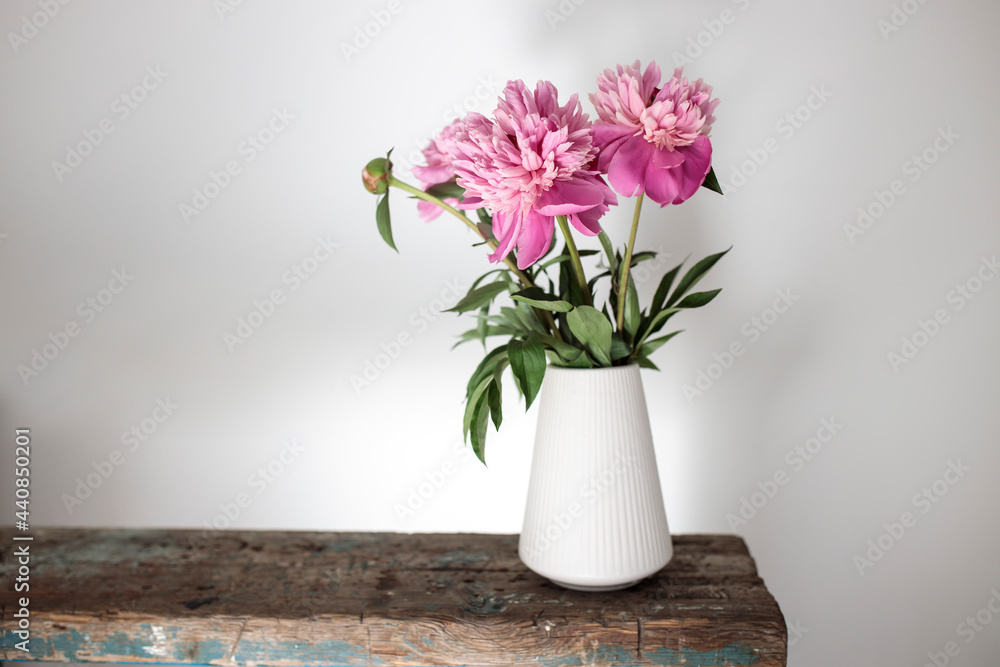 Red, pink peonies in a white vase on an old bench against a white wall