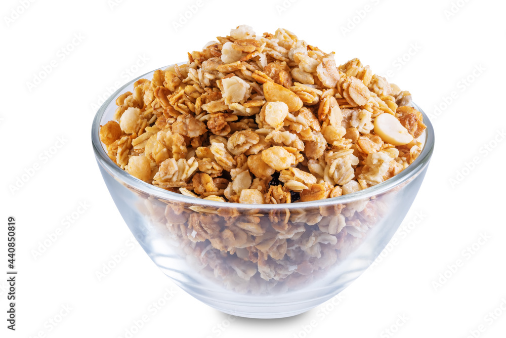 Nuts oatmeal granola on a white isolated background Nuts oatmeal granola on a white isolated background