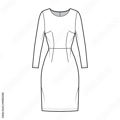 Dress sheath technical fashion illustration with long sleeves, natural waistline, fitted body, knee length pencil skirt. Flat apparel front, white color style. Women, men unisex CAD mockup