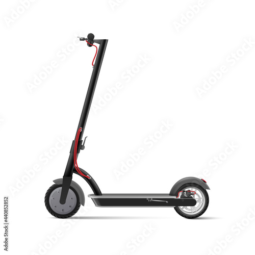 Black electric kick scooter on white background realistic vector illustration.