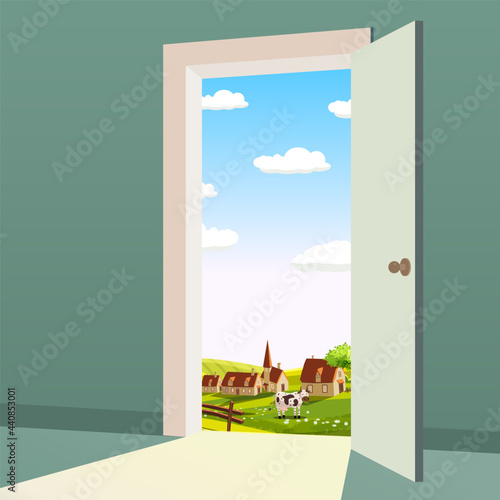 Open Door to nature way. Landscape rural farm valley symbol freedom, new way exit, discovery, opportunities. Motivation concept to real world. Vector illustration cartoon style poster banner