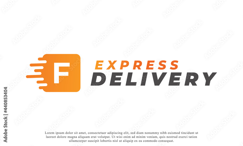 Creative Initial Letter F Logo. Orange Shape F Letter with Fast Shipping Delivery Truck Icon. Usable for Business and Branding Logos. Flat Vector Logo Design Ideas Template Element