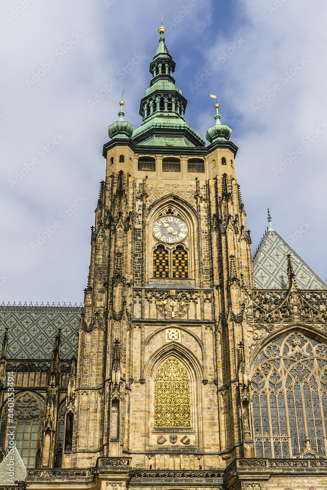 Fragment of Saint Vitus Cathedral - Gothic Roman Catholic cathedral in Prague Castle, seat of the Prague Archbishop. Prague, Czech Republic. Fragment of Saint Vitus Cathedral - Gothic Roman Catholic cathedral in Prague Castle, seat of the Prague Archbishop. Prague, Czech Republic.