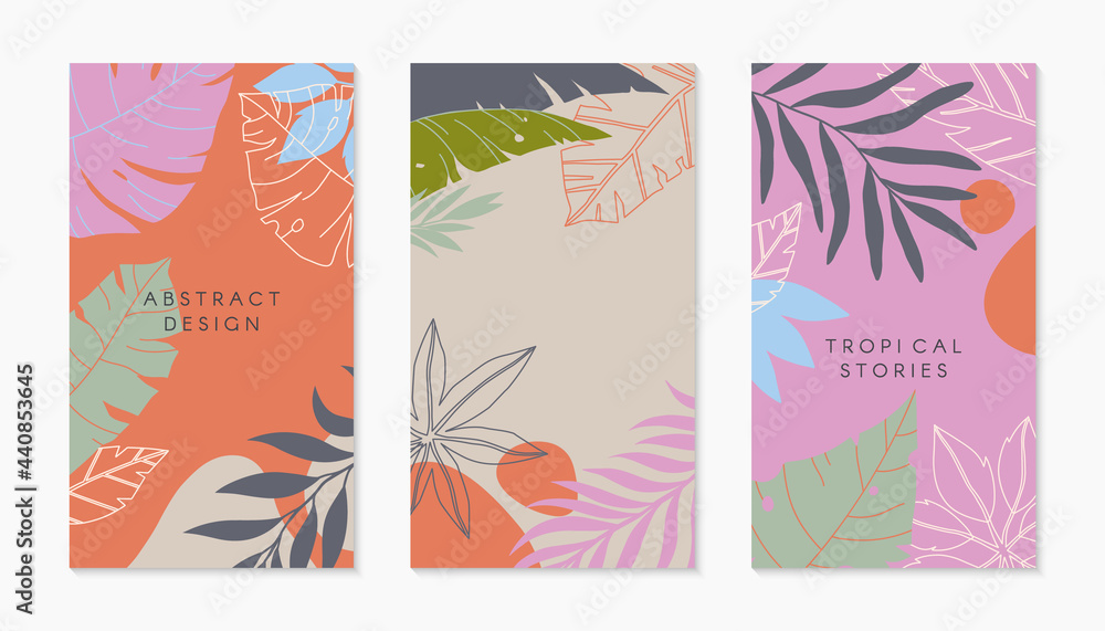 Set of insta story templates with tropical palm leaves.Modern vector summer layouts with copy space for text.Bright vibrant banners.Trendy designs for social media marketing,digital post,prints.