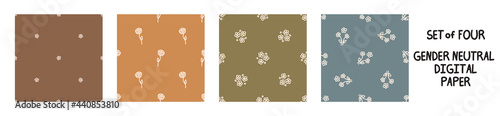 Seemless background flower set of 5 patterns. Whimsical minimal earthy 2 tone color. kids nursery wallpaper or boho cartoon pet fashion all over print.