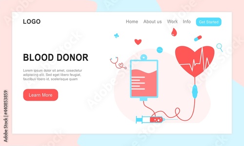 Volunteers donating blood. Blood donor charity concept. World blood donor day, health care for banner, poster, card, UI, web. Landing page template for blood bank or hospital. Flat vector illustration
