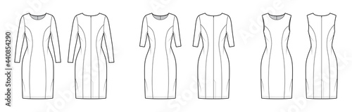 Set of Dresses princess line technical fashion illustration with long elbow short sleeve sleeveless, fitted body, knee length skirt. Flat apparel front, back, white color style. Women, men unisex CAD