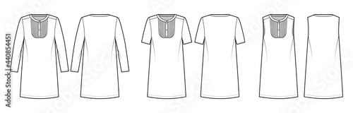 Set of Dresses bib pintucked technical fashion illustration with long short sleeves, oversized, henley neckline, knee length pencil skirt. Flat apparel front, back, white color. Women, men unisex CAD