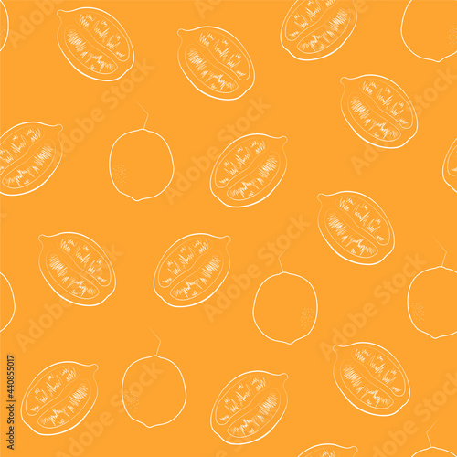 Vector illustration with lemon fruit seamless pattern White whole and halves lemons on bright orange background Illustration in thin line