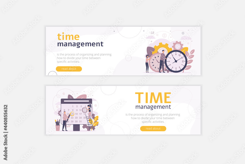 Web banner time management. People with clock and calendar. Vector