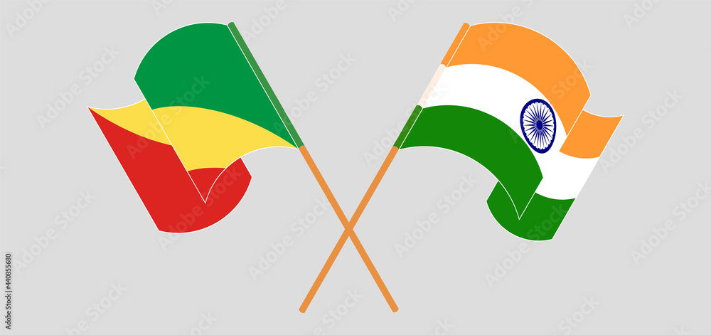 Crossed and waving flags of Republic of the Congo and India Crossed and waving flags of Republic of the Congo and India