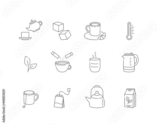 Tea linear icons. Everything for tea drinking. Vector