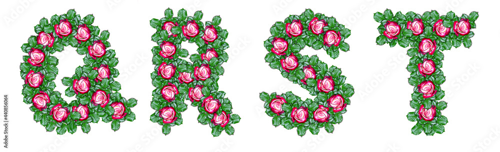 Letters Q, R, S, T made of red roses and green leaves
