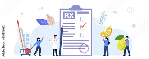 RX medical prescription drug vector illustration concept Medicine prescription with medicines Prescription form Doctor writes signature in recipe Disease therapy pills Evidence-based medicine