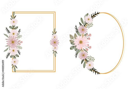 gold frame collection with pink daisy bouquet watercolor for greeting and wedding invitation